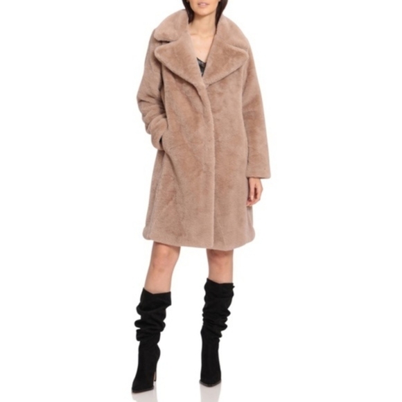 New Avec Les Filles Faux Fur Knee Length Taupe Coat XS - Picture 2 of 7